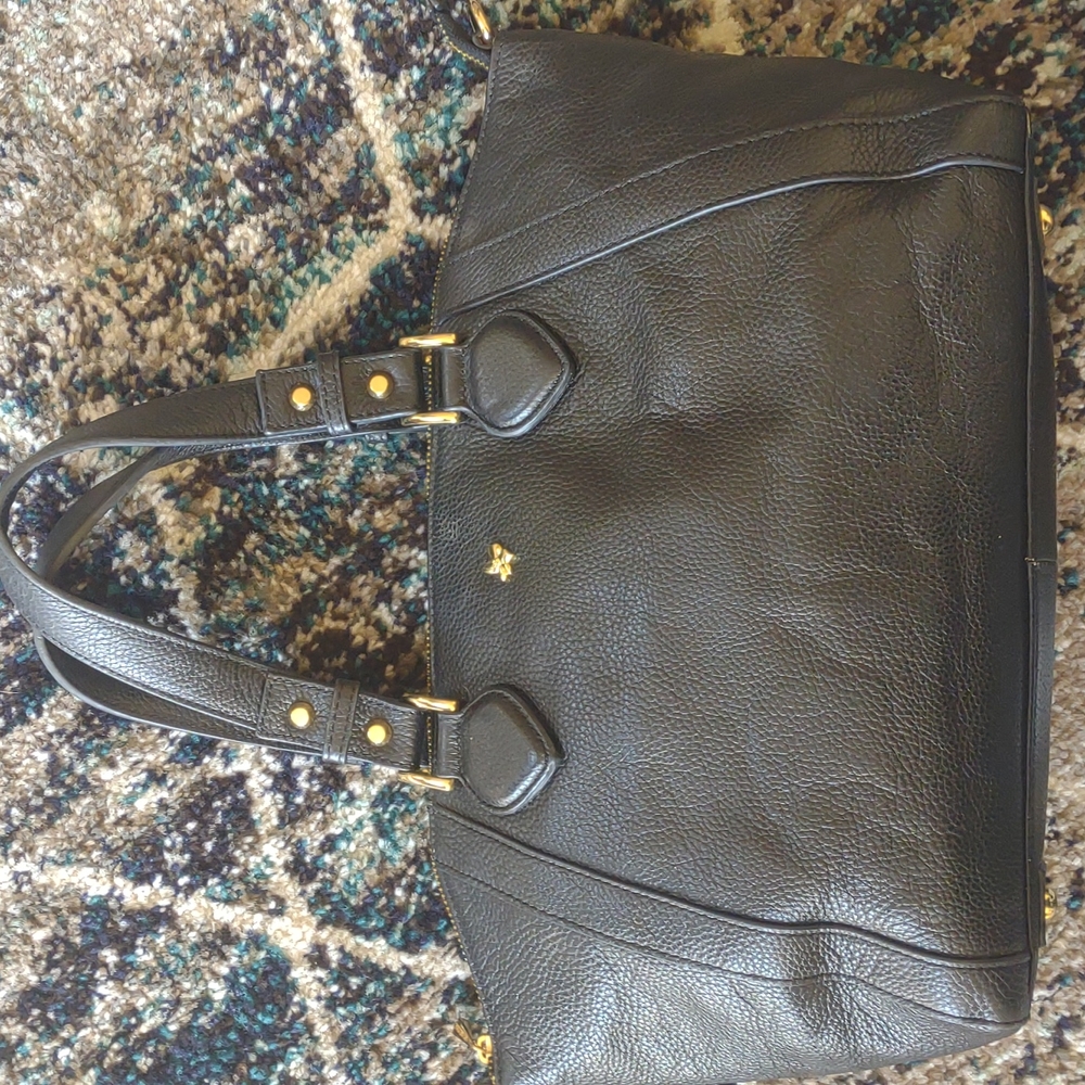 Black Leather Tote Bag with Gold Accents